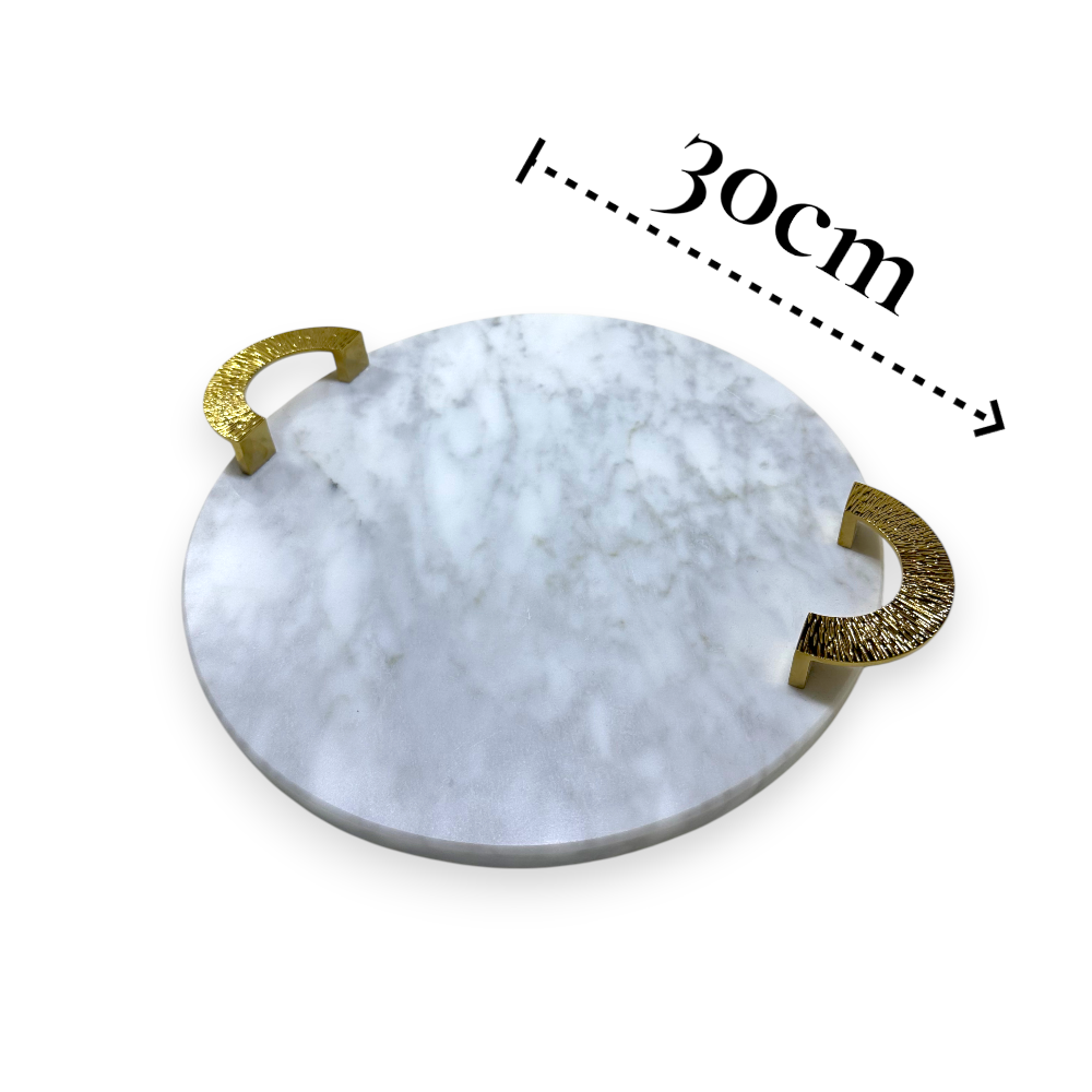 Plateau en marbre blanc 30cm avec poignées dorées|argent – Plateau de service élégant