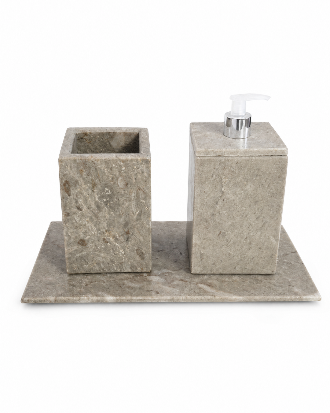 Pack salle de bain en marbre beige avec plateau, pot et porte-savon liquide