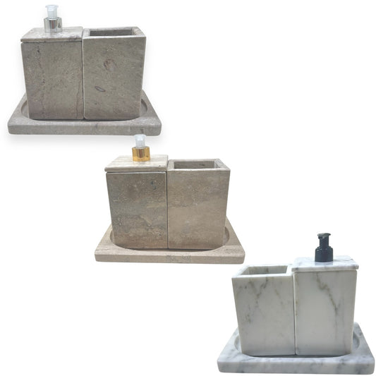 Set salle de bain en marbre naturel | porte savon & pot avec plateau | Decoration chic